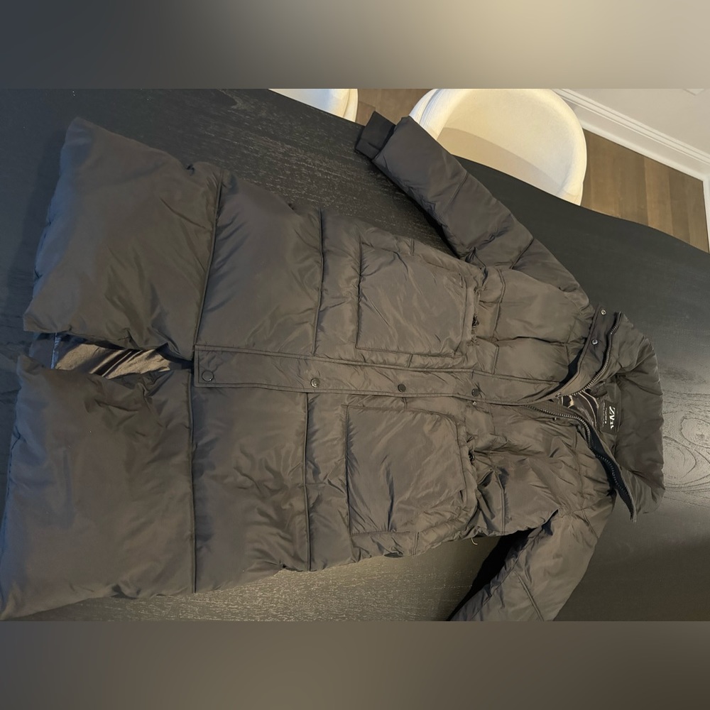 Zara down feather filled long puffer jacket with zipper and buttons